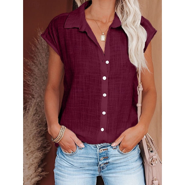 Women's Shirt Button Down Blouse Solid Color Plain Basic