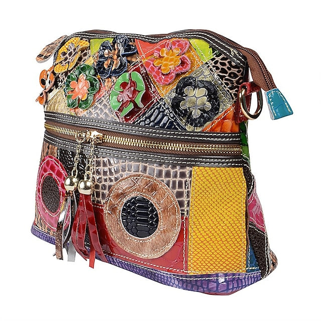 Schultertasche Bohemian - Damentasche Patchwork Leder Bunt