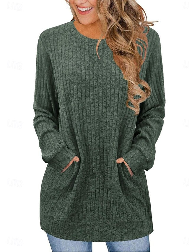 Women's Blouse Pocket Solid Color Stylish Casual Long