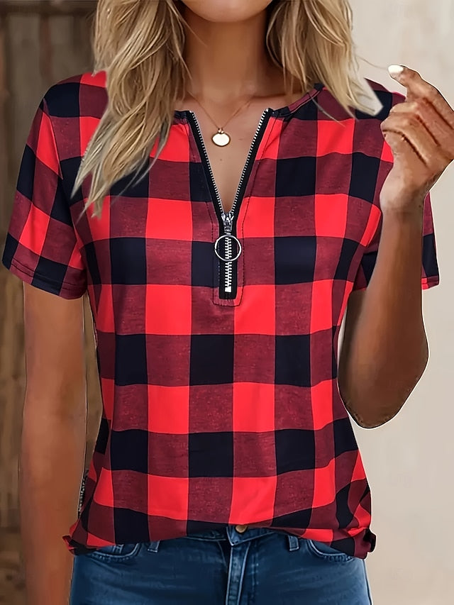 Women's T Shirt Quarter Zip Graphic Plaid Tropical Hawaiian