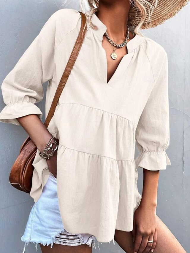 Women's Shirt Blouse Ruched Plain Casual Long Sleeve V Neck