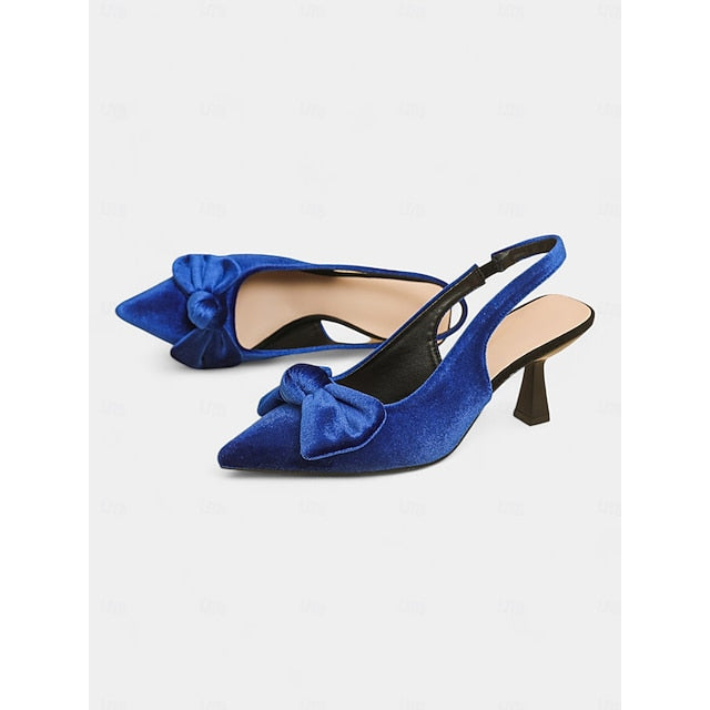Velvet Pointed Toe Women's with Bow Slingback Heels Blue