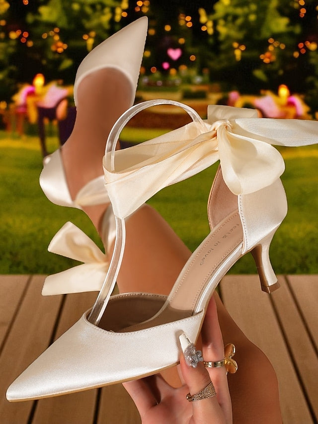 Pointed-Toe Ribbon Satin Heel Women's Shoes with Kitten
