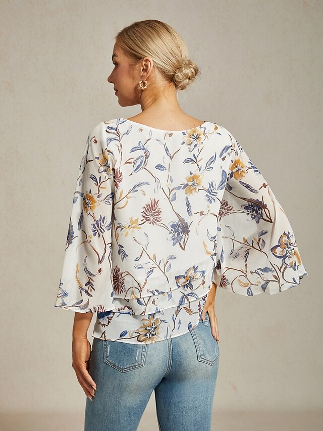 Women's Blouse Floral Print Layered Bell Sleeves Loose Fit