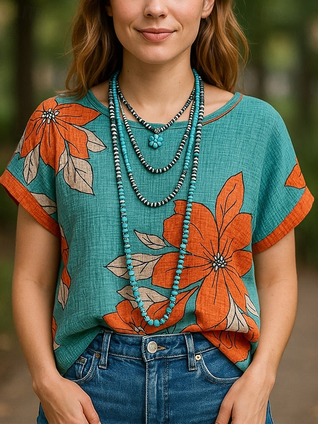 Women's Summer Tops Casual Beach Short Sleeve Crew Neck