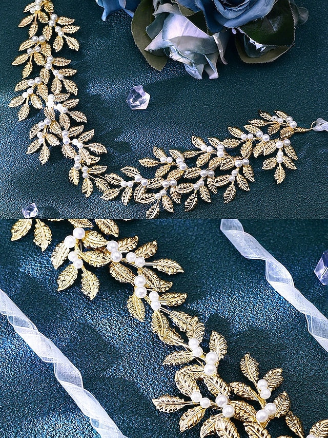 – Bridal Belt Elegant Leaf Pearl with Gold Accents