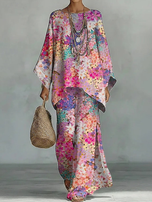 Women's Pants Sets Long Sleeve Round Neck Floral Graphic