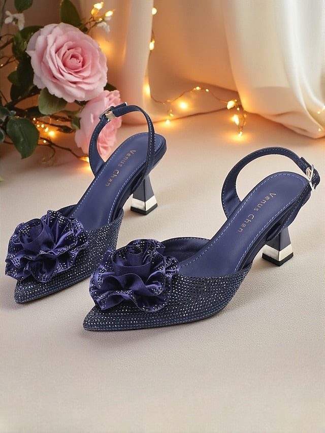 Heels with Slingback Rhinestone Floral Purple Women's