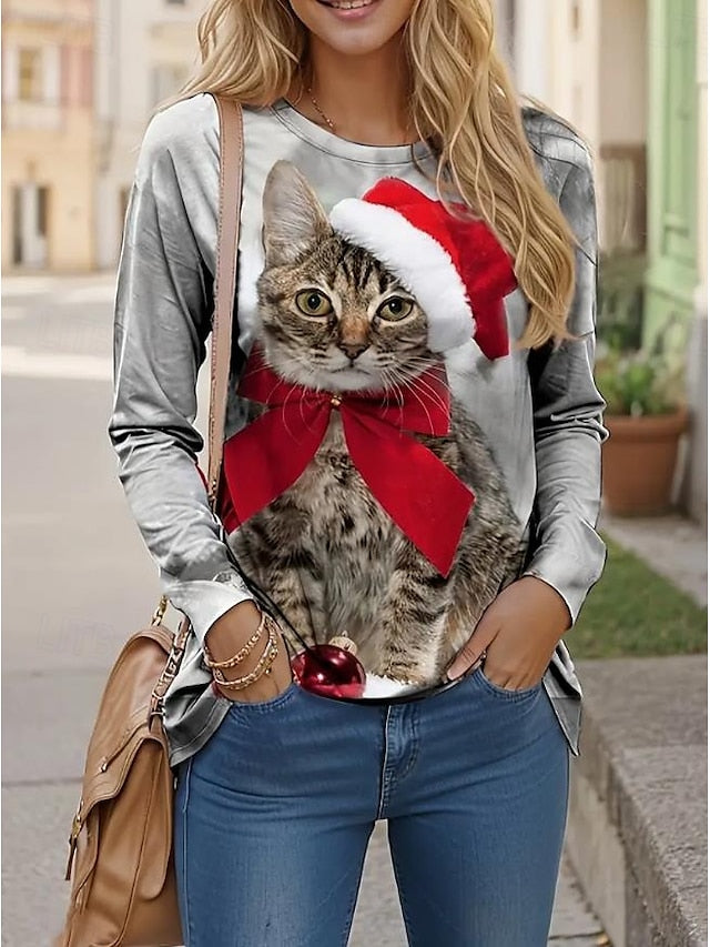 Christmas Women's T-Shirt Round Neck Red Festive Holiday