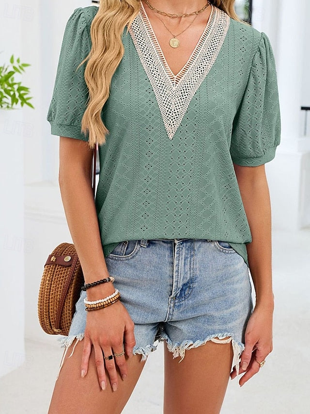 Women's T Shirt Summer Tops Patchwork Eyelet Solid Color