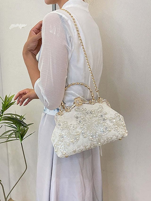 Elegant Pearl with and Evening Lace Handbag Floral White