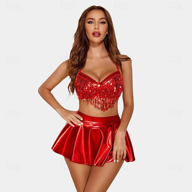 Retro Vintage 1980s Rave Skirt Outfits Crop Top Disco Shiny