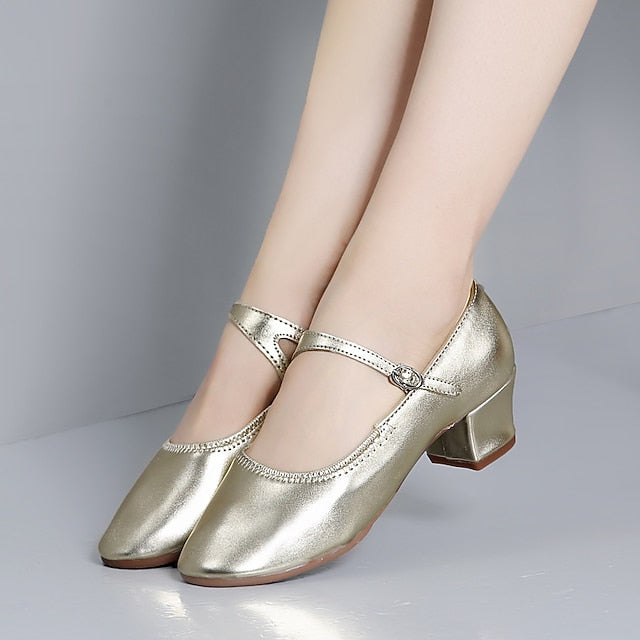 Women's Mary Jane Gold Dance with Buckle Shoes Low Heel