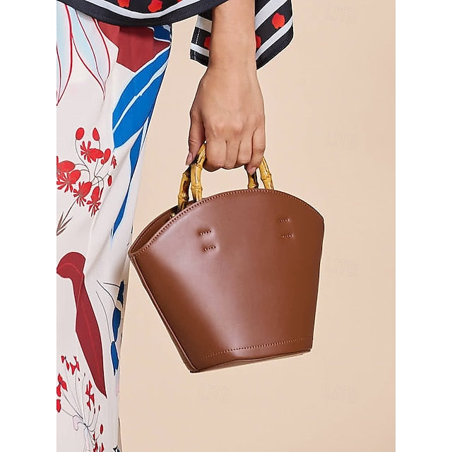 Sac seau en cuir marron avec anse en bambou pour femme