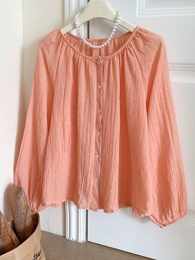 Women's Linen Like Faux Cotton Linen Blouse Ruched Solid