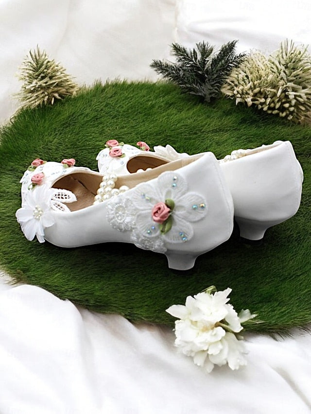 Bridal Pearl Heel Shoes Low for Embellished Strap Floral White