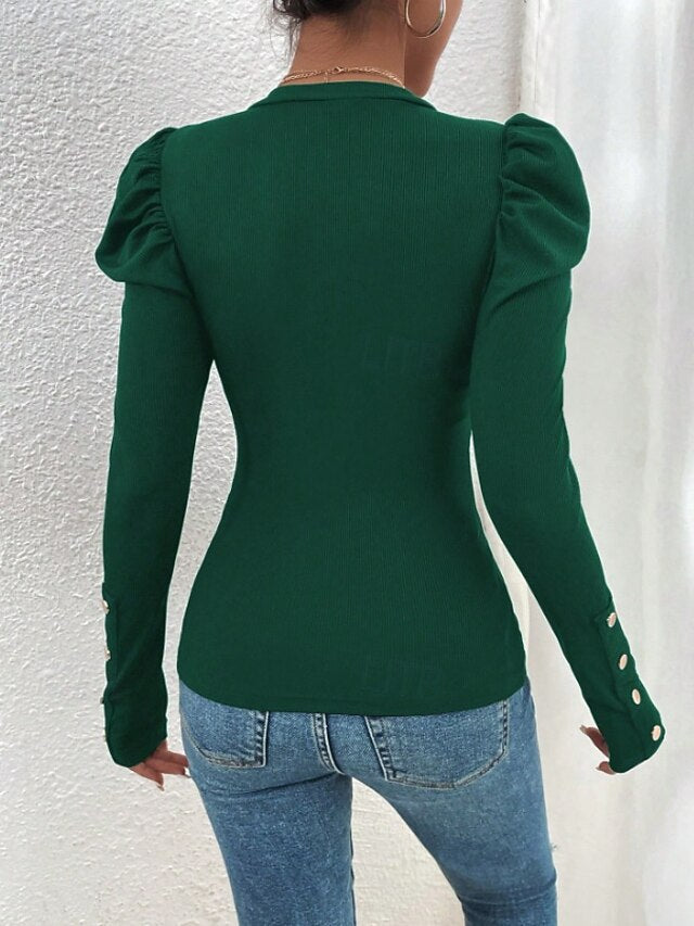 Women's Ribbed Knit Tops Patchwork Buttons Solid Color