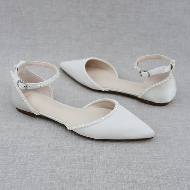 Flat Toe Pearl-Embellished Shoes with Women's Pointed White