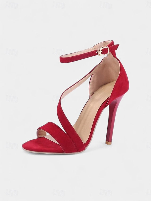 Open-Toe Red High Suede Women's - Strappy Stiletto Sandals