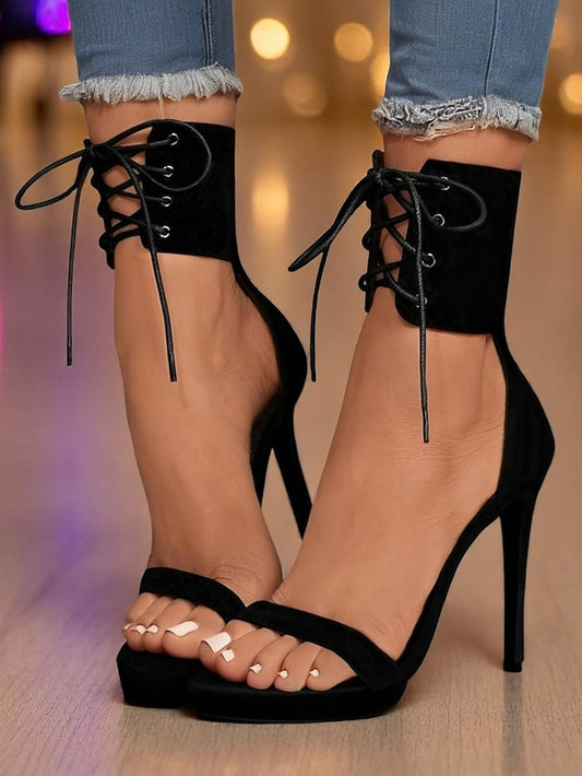 Black Sandals Heel Lace-Up High Women's Sexy Ankle Strap -