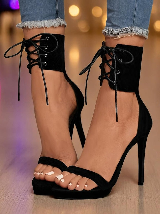 High Black Strap Lace-Up Heel Women's - Ankle Sexy Sandals