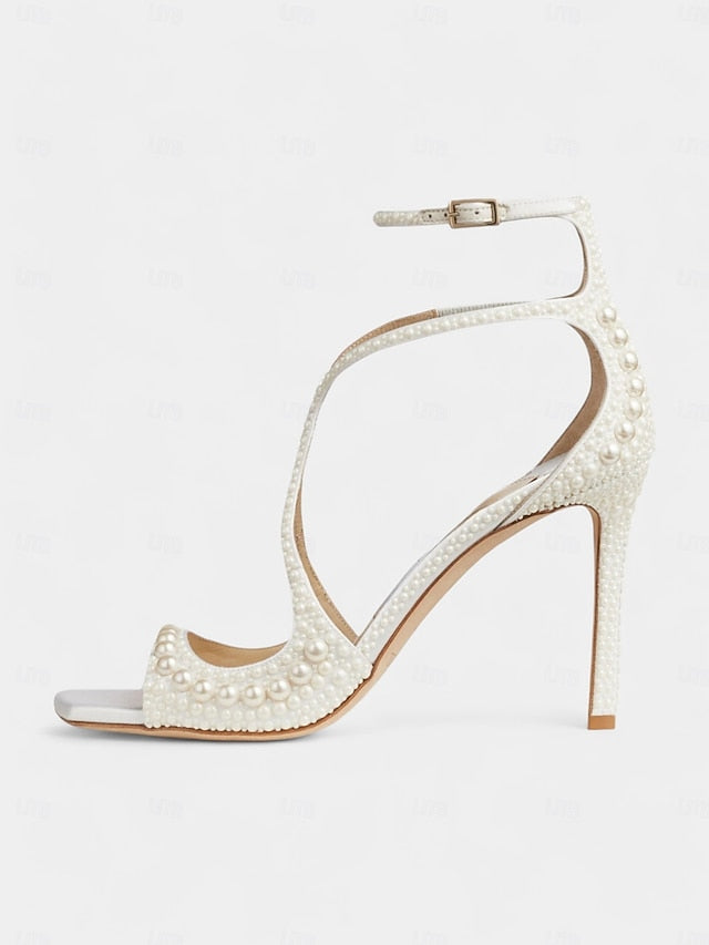 Open-Toe Stiletto Sandals Ankle with White Pearl-Embellished