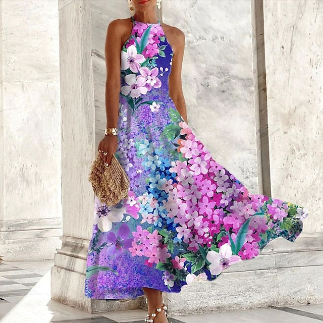 Women's Midi Dress Floral Dress Halter Neck Dress Print