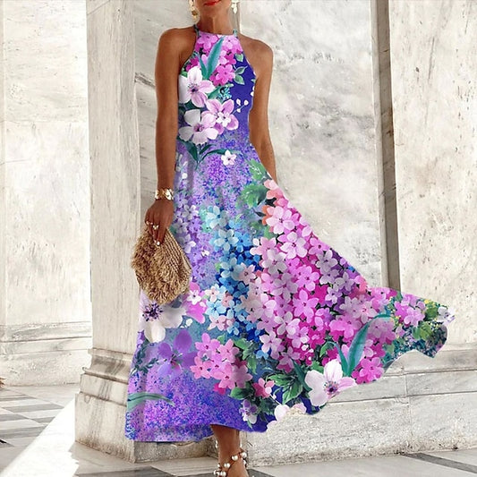 Women's Midi Dress Floral Dress Halter Neck Dress Print