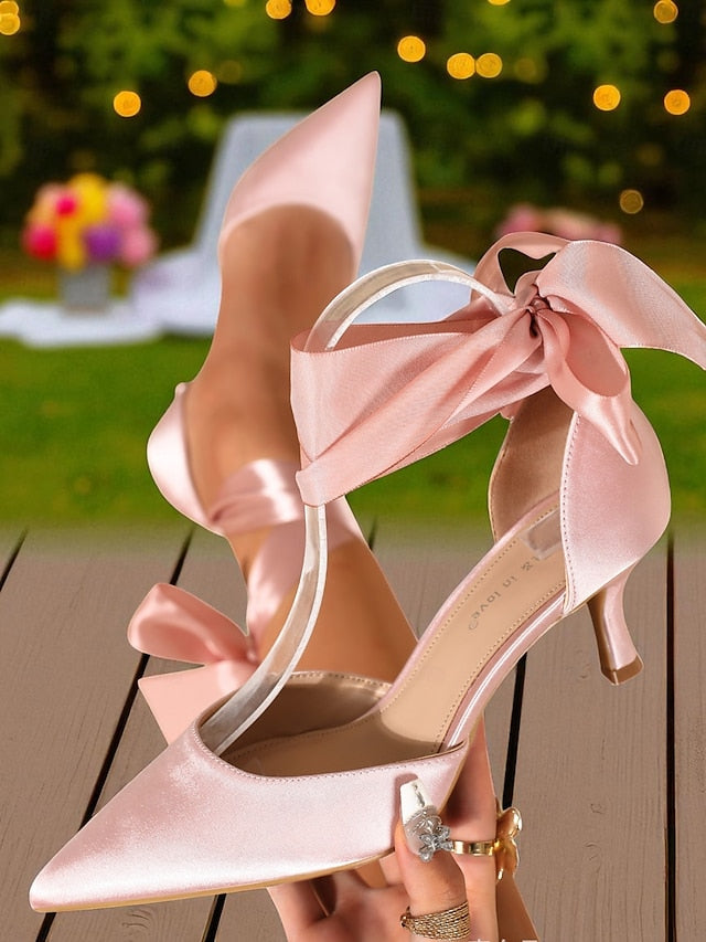Pointed-Toe Ribbon Satin Heel Women's Shoes with Kitten