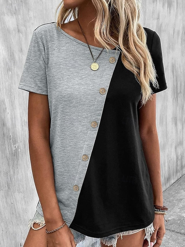 Women's T Shirt Buttons Casual Short Sleeve Asymmetric Neck