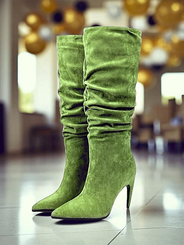 Boots Slouch Toe Velvet Women's Knee Green - High Pointed