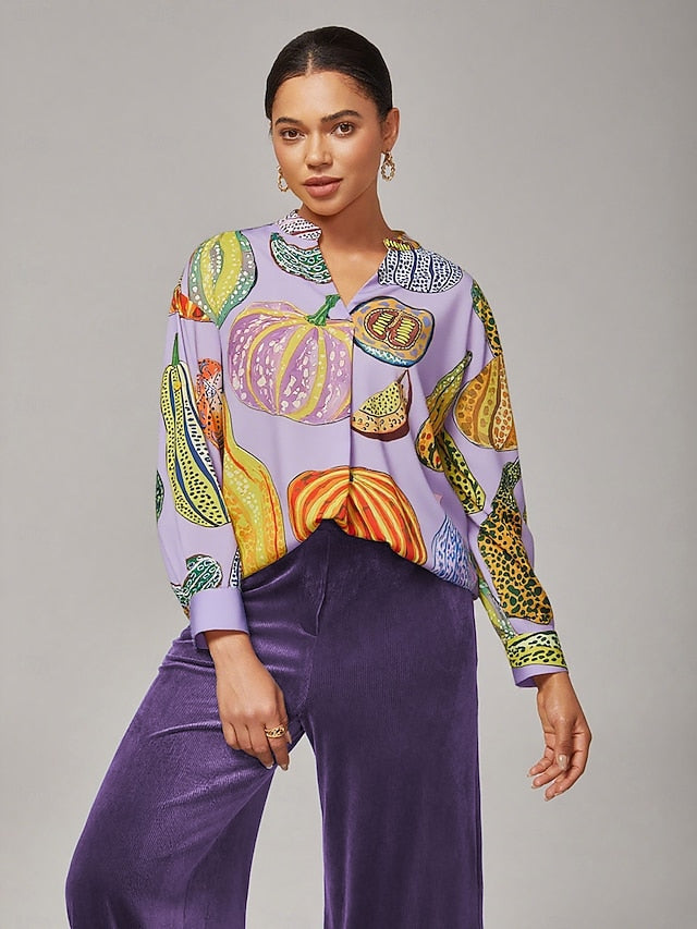 Women's Purple Pumpkin Print Pullover Shirt Loose Fit Drop