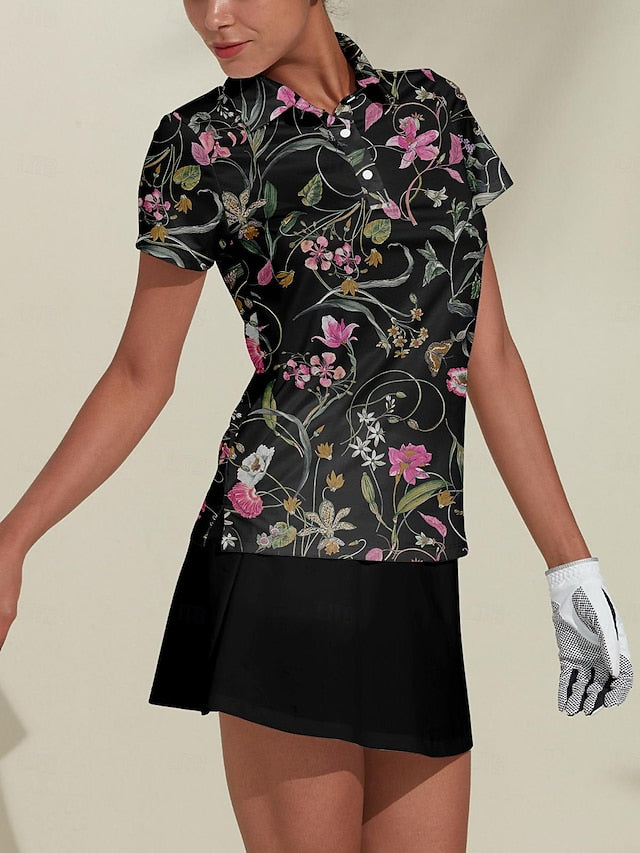 Women's Golf Polo Shirt Black Short Sleeve Top Floral