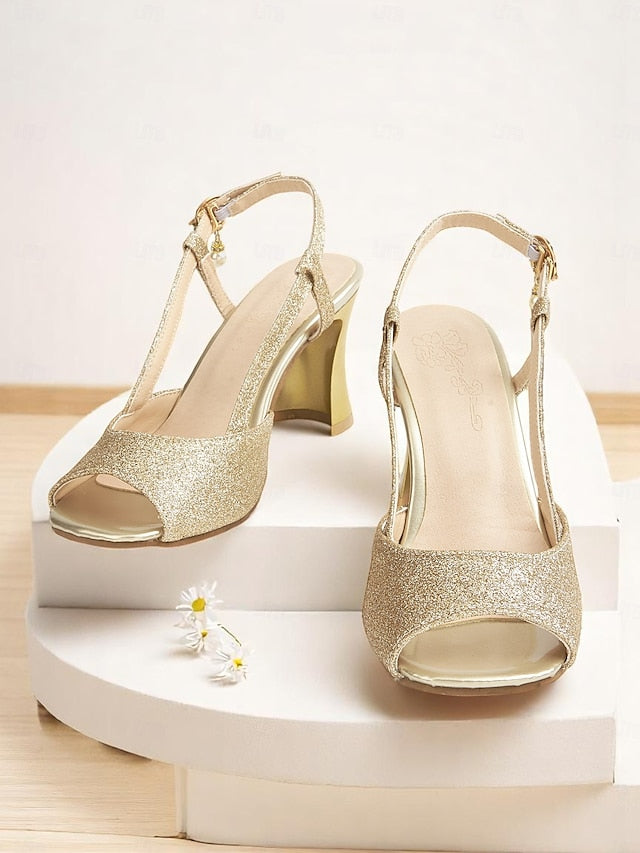 Sparkly Women's - Slingback Gold Glitter Heels Open-Toe