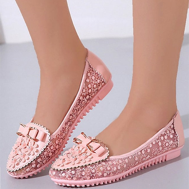 with Floral Women's Bow Flats Pink Details and Lace -