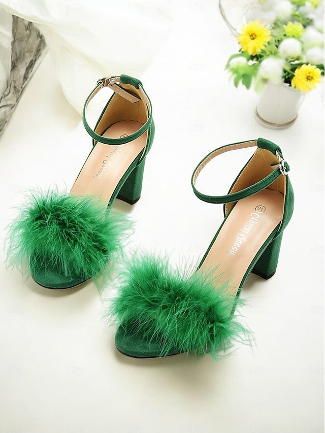 – Heel for Block Wedding Feather-Embellished Women Sandals