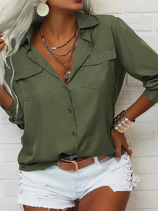 Women's Blouse Dressy Tops Ruched Pocket Buttons Solid