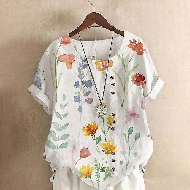 Women's Shirt Blouse Floral Basic Short Sleeve Round Neck