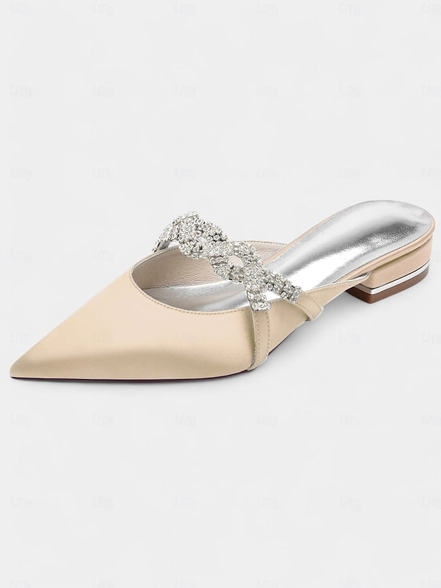 with - Detailing Mule Blue Rhinestone Pointed-Toe Satin Heels
