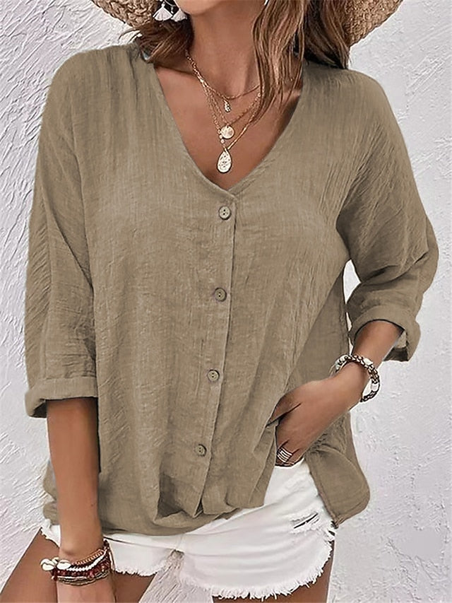 Women's Shirt Blouse Ruched Buttons Plain Elegant Vacation