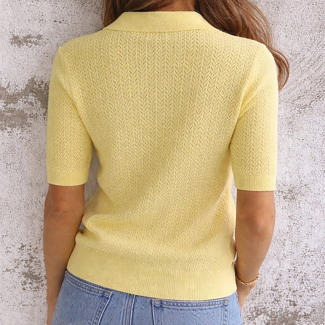 Women's Petite Eyelet top Knit Tee Button Front Solid Color