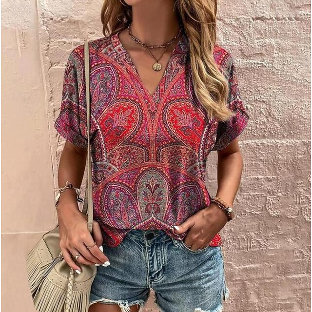 T shirt Tee Women's Black+white+grey Yellow Red Geometic