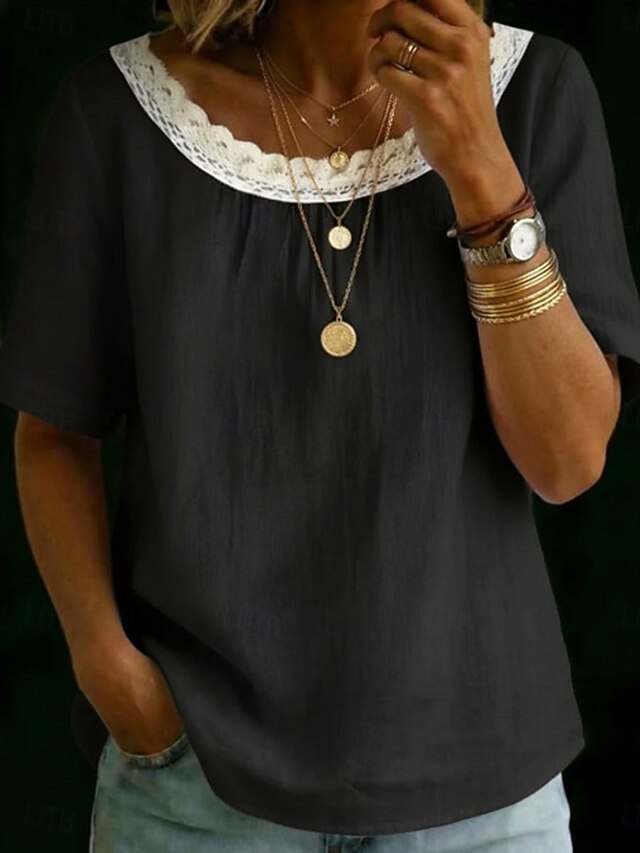 Women's Lace Shirt T Shirt Tee Top Patchwork Lace Trim