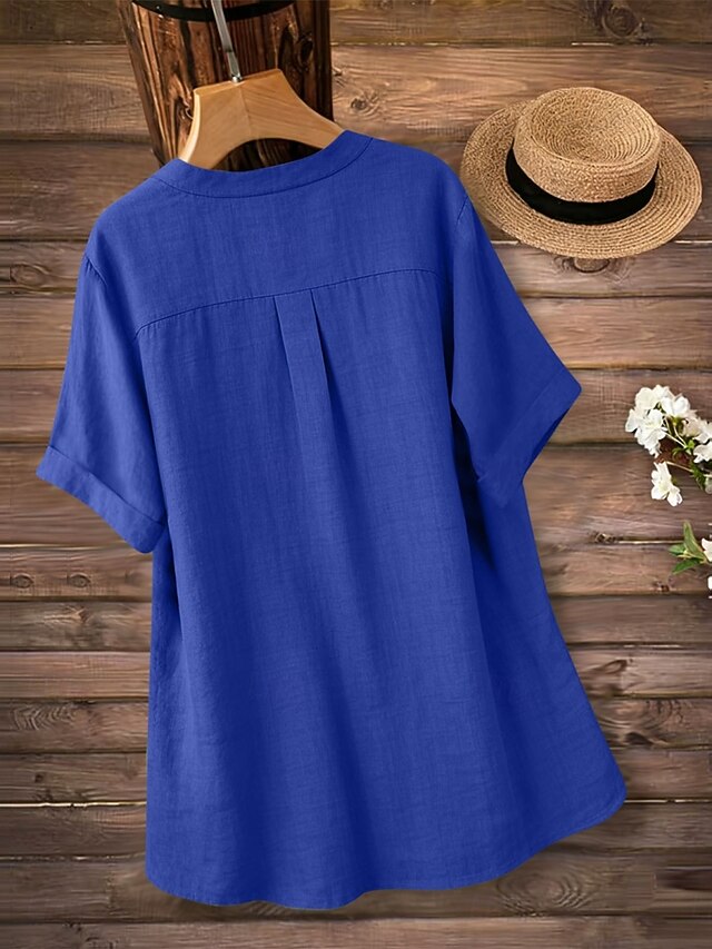 Women's Blouse Faux Linen Shirt Buttons Solid Color Daily