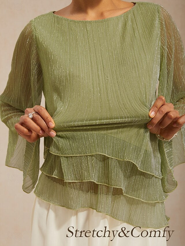 Women's Blouse Chiffon Tops Pleated Layered Metallic