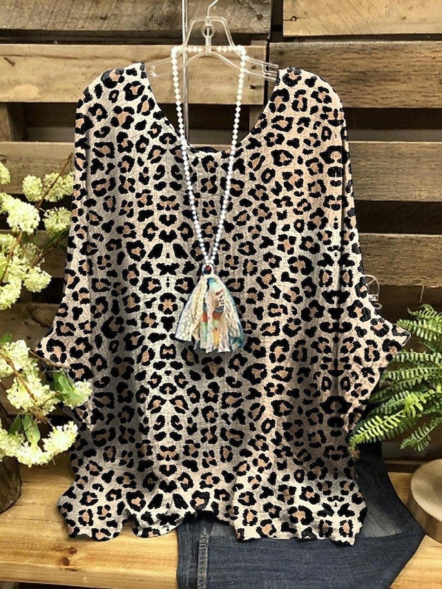 Women's Shirt Print Leopard Stylish 3/4 Length Sleeve Crew