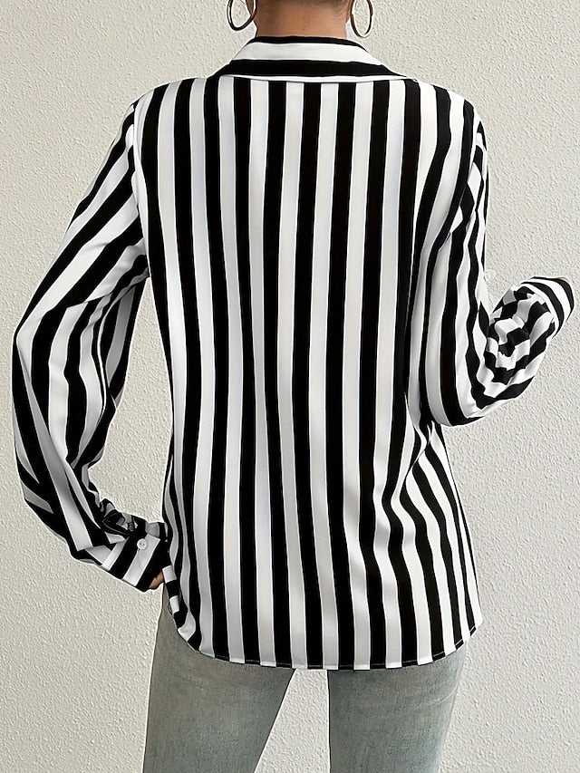 Women's Shirt Blouse Patchwork Buttons Striped Elegant