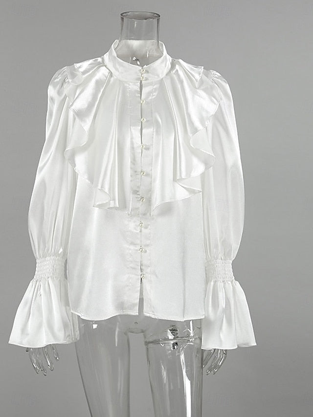 Women's Shirt Elegant Dressy Satin Top Ruffle Solid Color