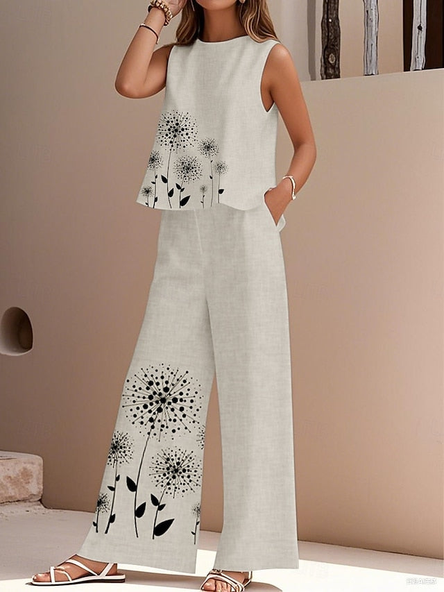 Women's Pants Sets Faux Cotton Linen Sleeveless Crew Neck