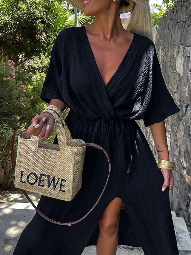 Women's Black White Apricot Summer Spring Midi Dress Faux